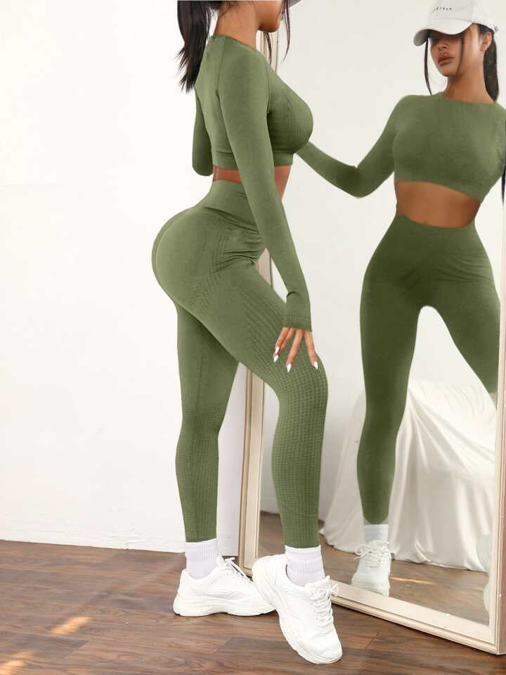 2pcs Seamless High Stretch Yoga Set Tracksuit Gym Set Raglan Sleeve Top Tummy Control Sports Leggings