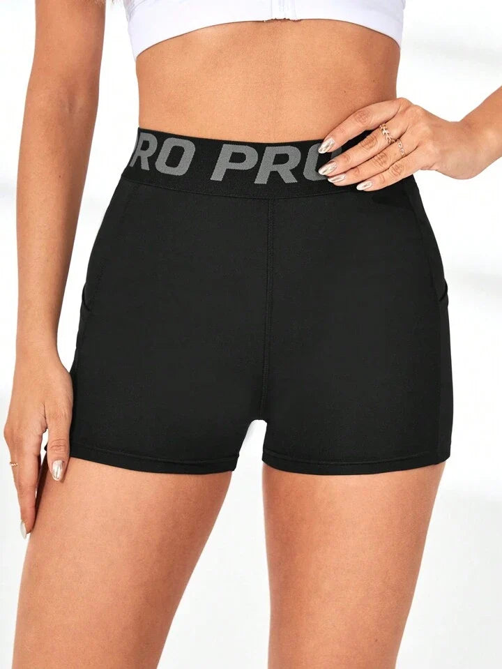 Women's Letter Printed Drawstring Sports Shorts With Phone Pocket