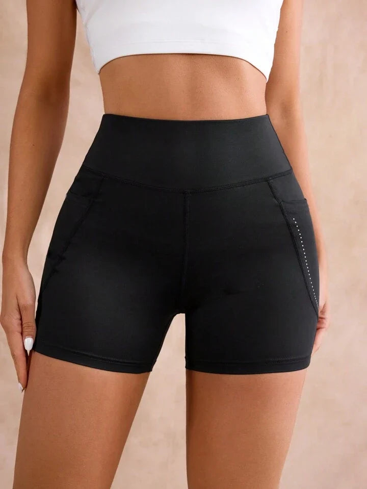 Color Block Reflective Polka Dot Printed Sports Shorts With Side Pockets, High Waist And Slim Fit