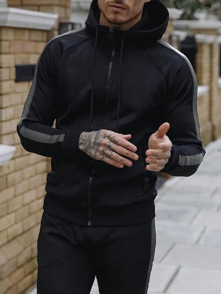 Streetwear Men's Side Stripe Colorblock Hooded Sportswear Set, Athletic Suit, Tracksuit Workout Set