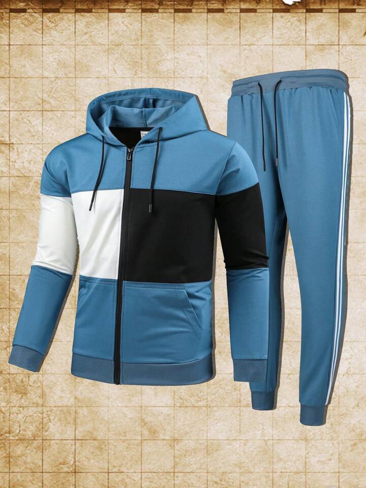 Men's New Running Fitness Color Collision Drawstring Hoodie And Sweatpants Sports Suit