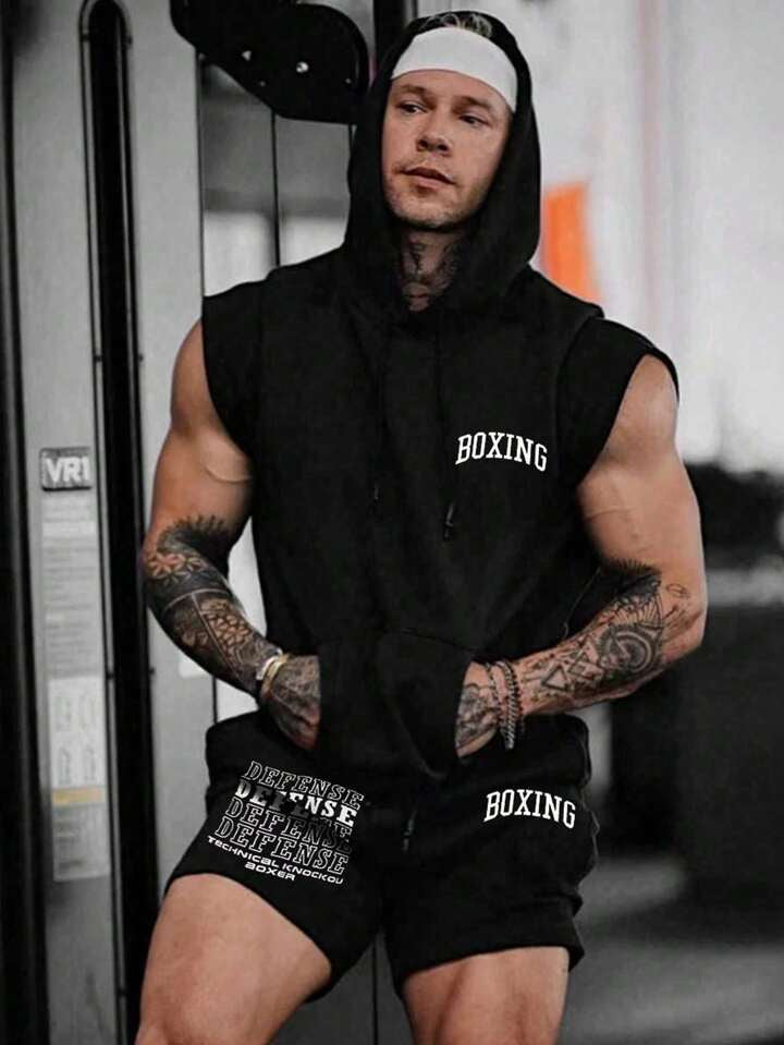 Men Shorts Set Men's Sleeveless Hooded Boxing Sportswear Set, Athletic Suit, Tracksuit Workout Set