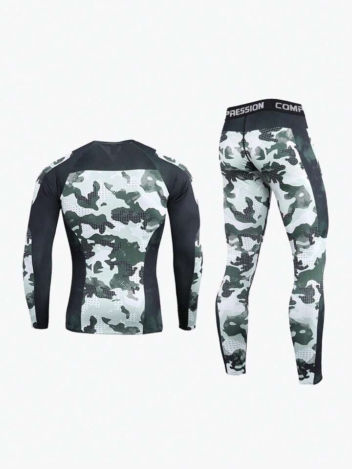 2pcs/Set Men's Outdoor Sports Compression Clothing Made of Camouflage Milk Silk Fabric