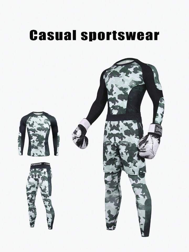 2pcs/Set Men's Outdoor Sports Compression Clothing Made of Camouflage Milk Silk Fabric