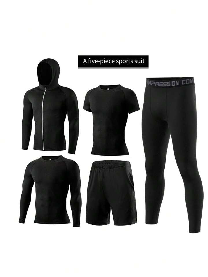 5pcs/Set Men's Sporting Suit, Quick-Dry Fitness Clothes For Compression & Gym Training
