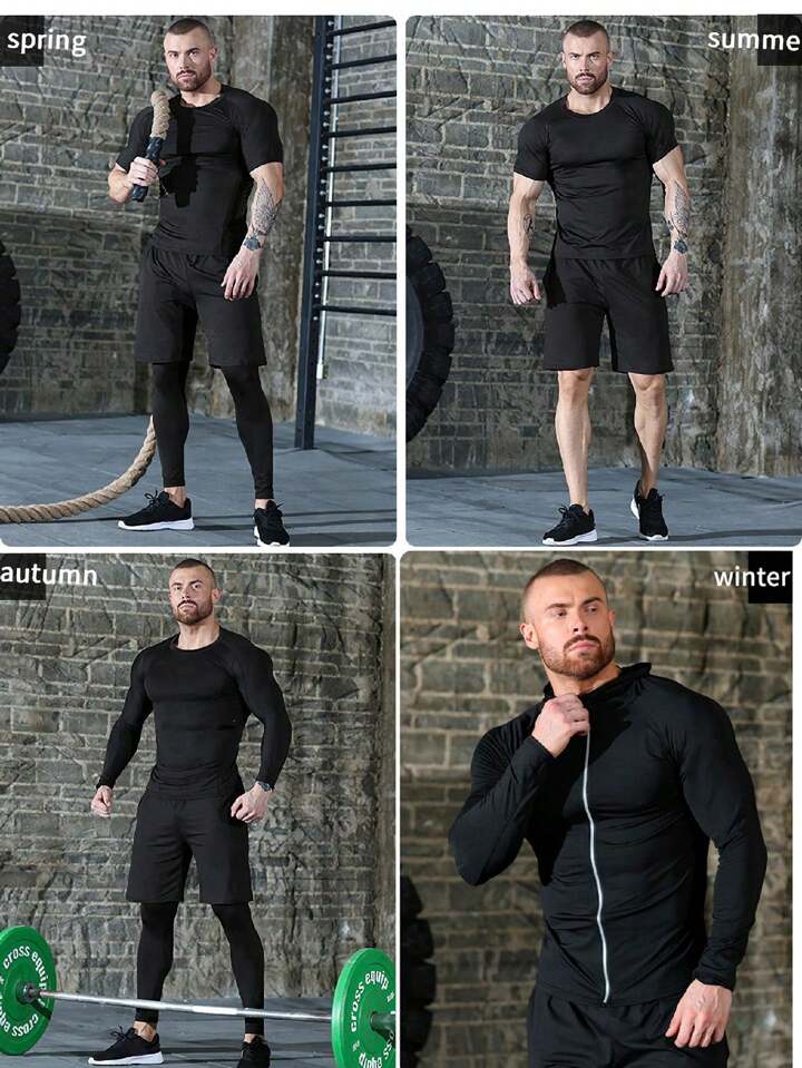 5pcs/Set Men's Sporting Suit, Quick-Dry Fitness Clothes For Compression & Gym Training