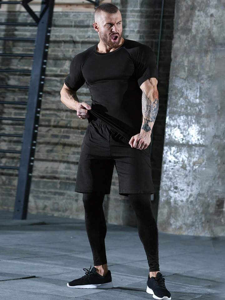 5pcs/Set Men's Sporting Suit, Quick-Dry Fitness Clothes For Compression & Gym Training