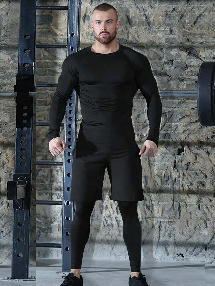 5pcs/Set Men's Sporting Suit, Quick-Dry Fitness Clothes For Compression & Gym Training
