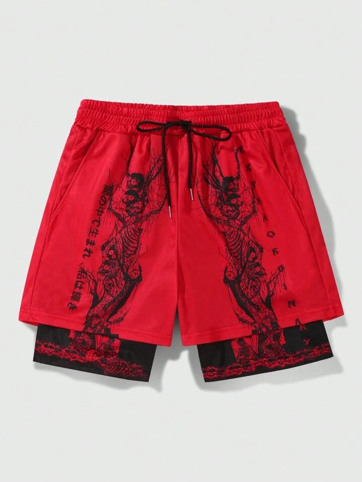 Goth Men Striped & Letter Graphic Drawstring Waist Mesh Shorts