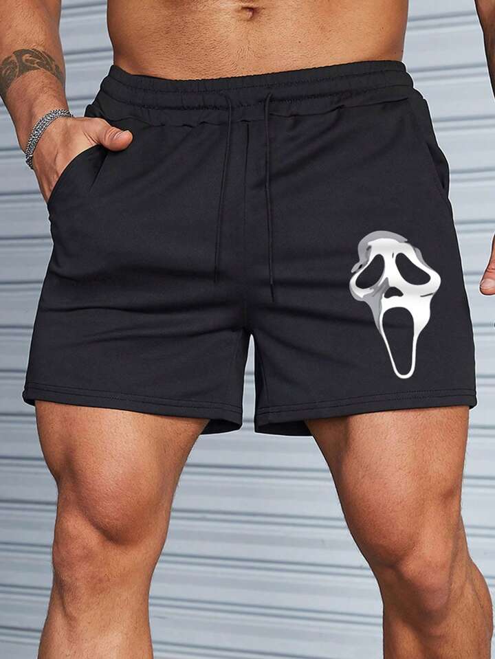 Homme Men Skull Print Drawstring Waist Shorts