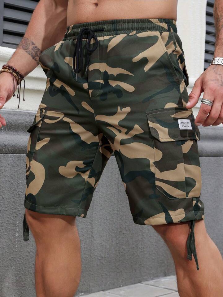 Chillmode Men's Letter Print Camo Workwear Shorts With Pockets, Casual