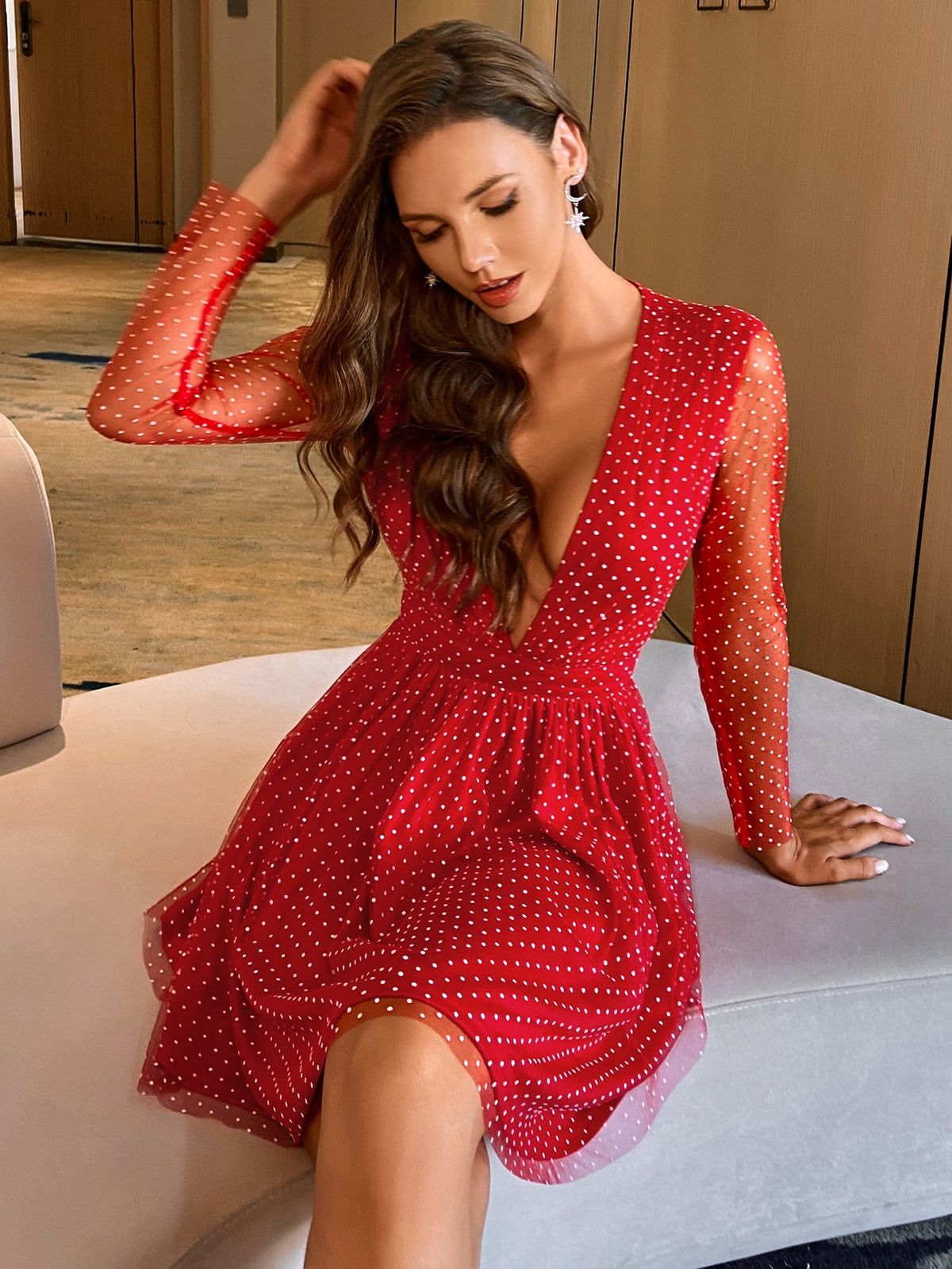 Beauty Empire's Deep V Transparent Dot Print Long Sleeve Chiffon Casual Dress