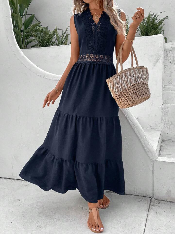 Vacation Guipure Lace Insert Ruffle Hem Dress