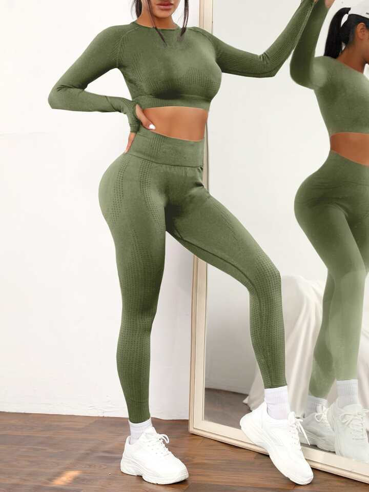 2pcs Seamless High Stretch Yoga Set Tracksuit Gym Set Raglan Sleeve Top Tummy Control Sports Leggings