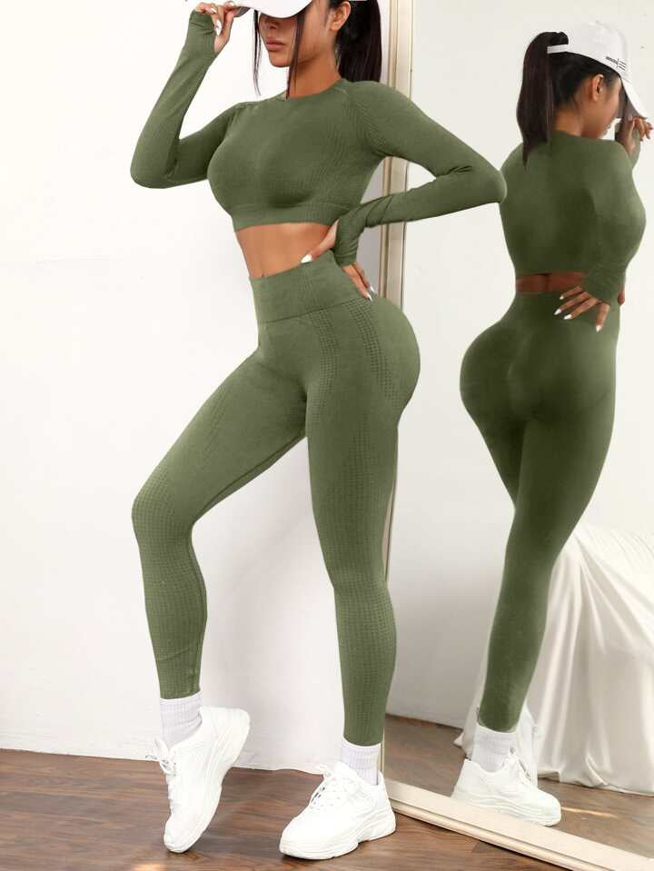 2pcs Seamless High Stretch Yoga Set Tracksuit Gym Set Raglan Sleeve Top Tummy Control Sports Leggings