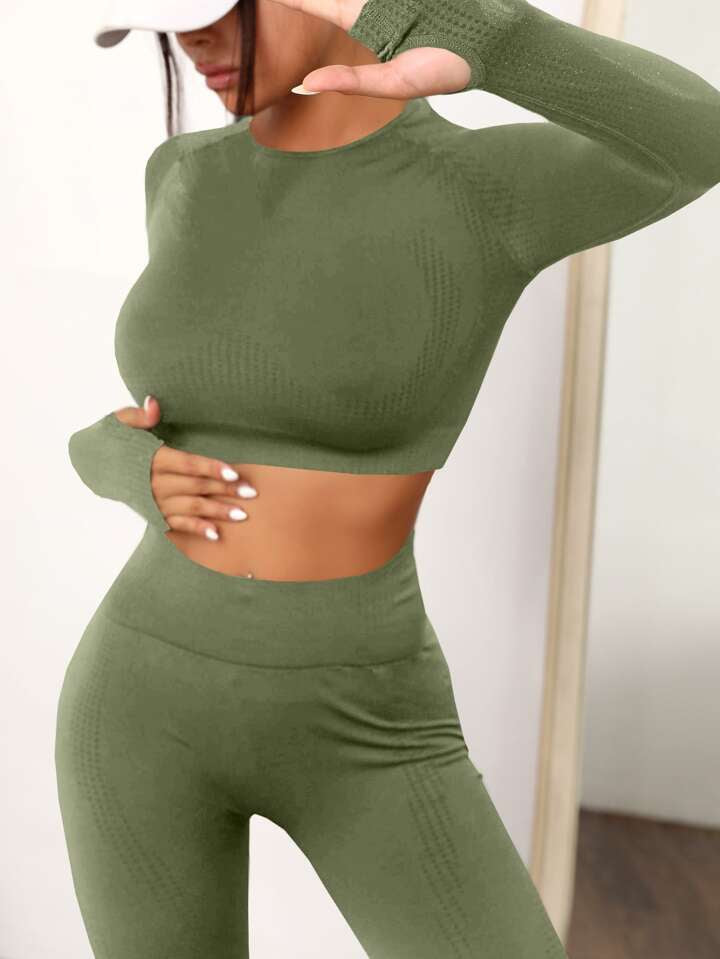 2pcs Seamless High Stretch Yoga Set Tracksuit Gym Set Raglan Sleeve Top Tummy Control Sports Leggings
