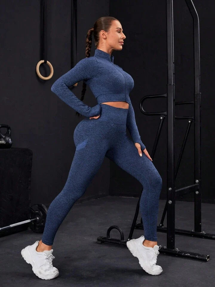 Seamless Thumbholes Top-Stitching Zipper Sports Set