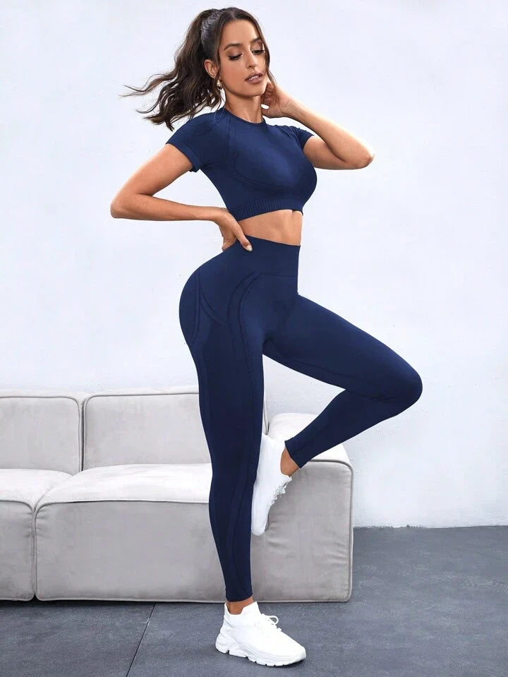 Women's Seamless High Elasticity Sport Short Sleeve Top And Pants Set Workout Set