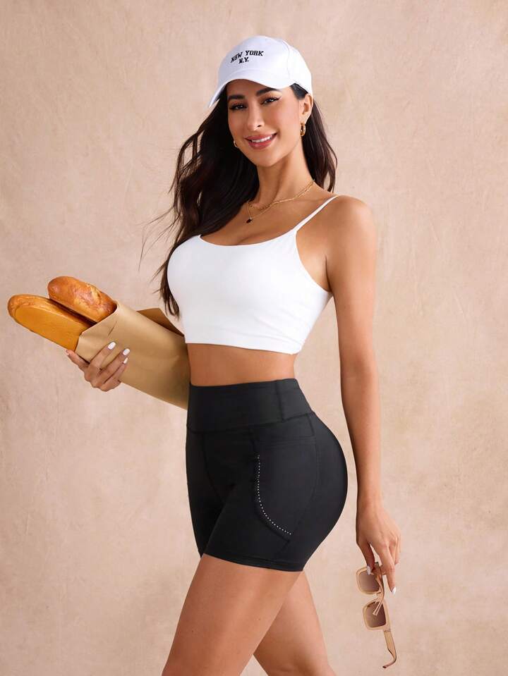 Color Block Reflective Polka Dot Printed Sports Shorts With Side Pockets, High Waist And Slim Fit