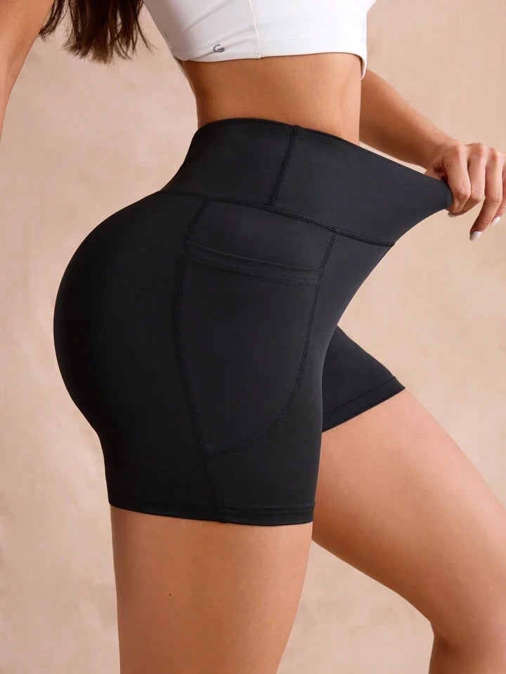 Color Block Reflective Polka Dot Printed Sports Shorts With Side Pockets, High Waist And Slim Fit