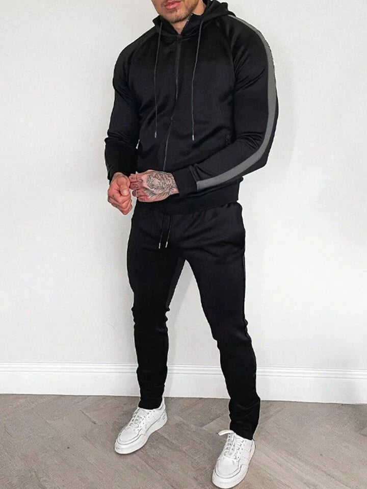 Streetwear Men's Side Stripe Colorblock Hooded Sportswear Set, Athletic Suit, Tracksuit Workout Set