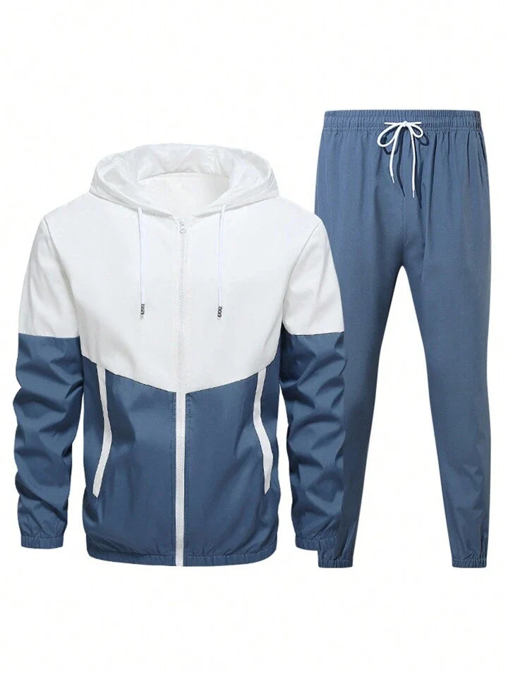 Men's Windproof And Breathable Sports Hooded Jacket And Pants Set With Color Block Design