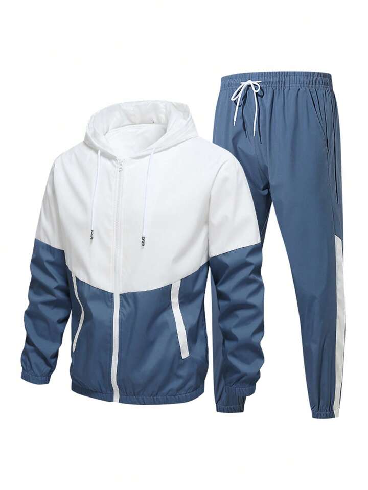Men's Windproof And Breathable Sports Hooded Jacket And Pants Set With Color Block Design