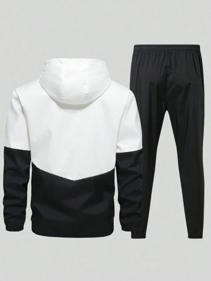Men Two Tone Drawstring Hooded Sports Jacket & Sweatpants Gym Clothes Men, Athletic Suit, Tracksuit