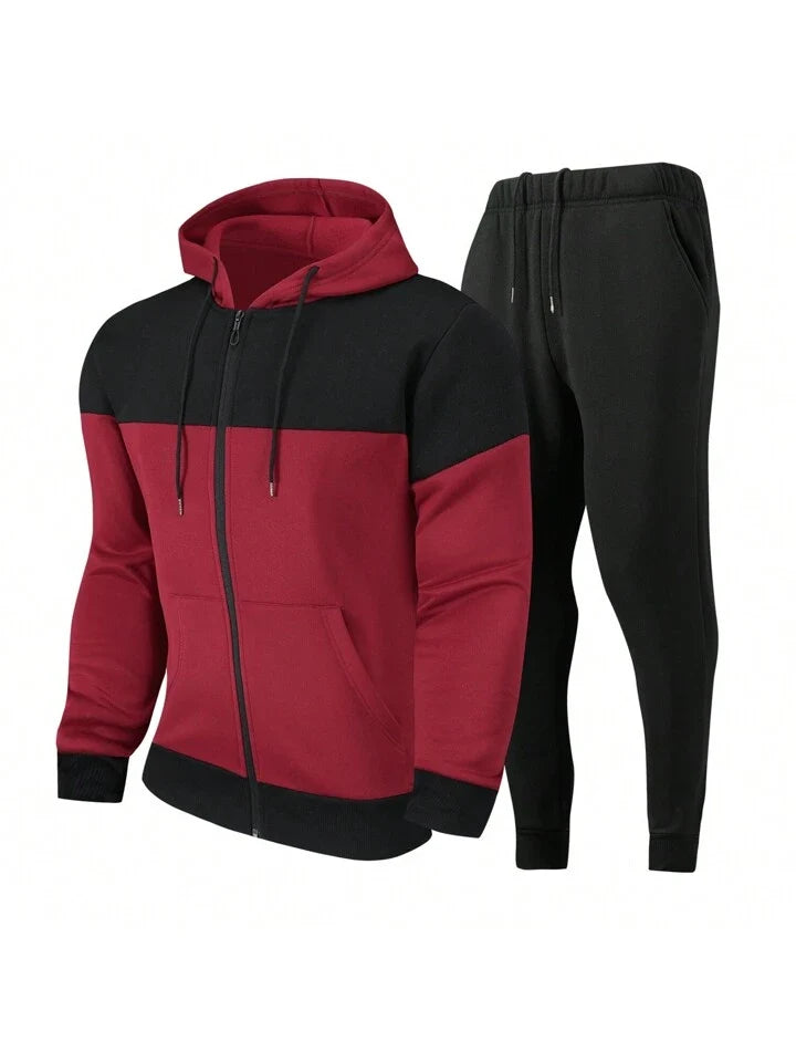 2pcs/Set Men's Casual Color Block Patchwork Zipper Sports Suit