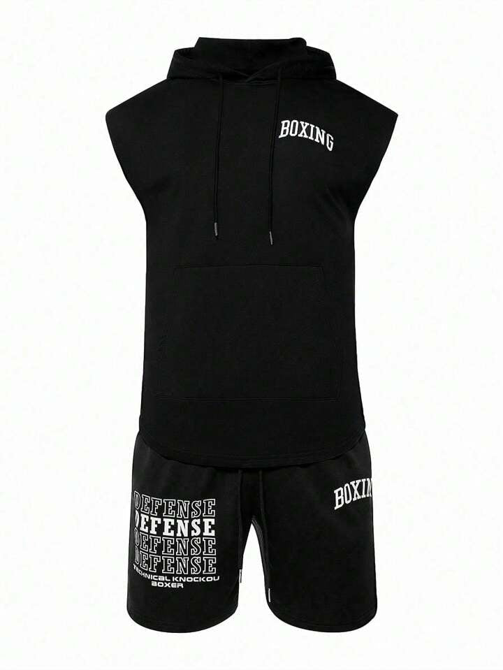 Men Shorts Set Men's Sleeveless Hooded Boxing Sportswear Set, Athletic Suit, Tracksuit Workout Set