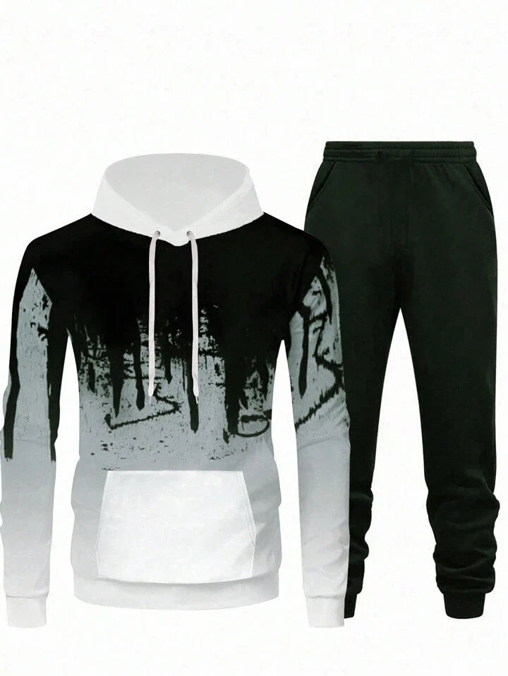 Corelite Men Color Block Kangaroo Pocket Drawstring Sports Hoodie & Sweatpants, Athletic Suit, Tracksuit Workout Set Workout Set