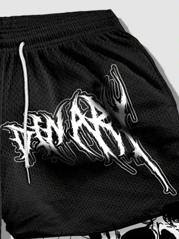 Anime Men's 2 In 1 Breathable With Slogan Print Basketball Mesh Shorts, Suitable For Daily Wear In Spring And Summer