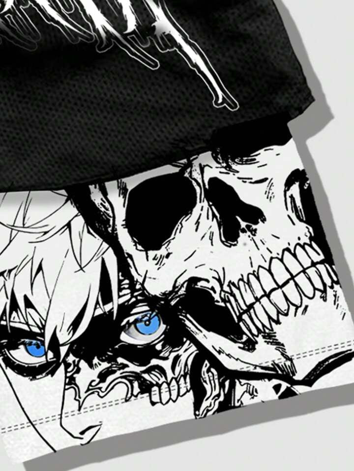Anime Men's 2 In 1 Breathable With Slogan Print Basketball Mesh Shorts, Suitable For Daily Wear In Spring And Summer