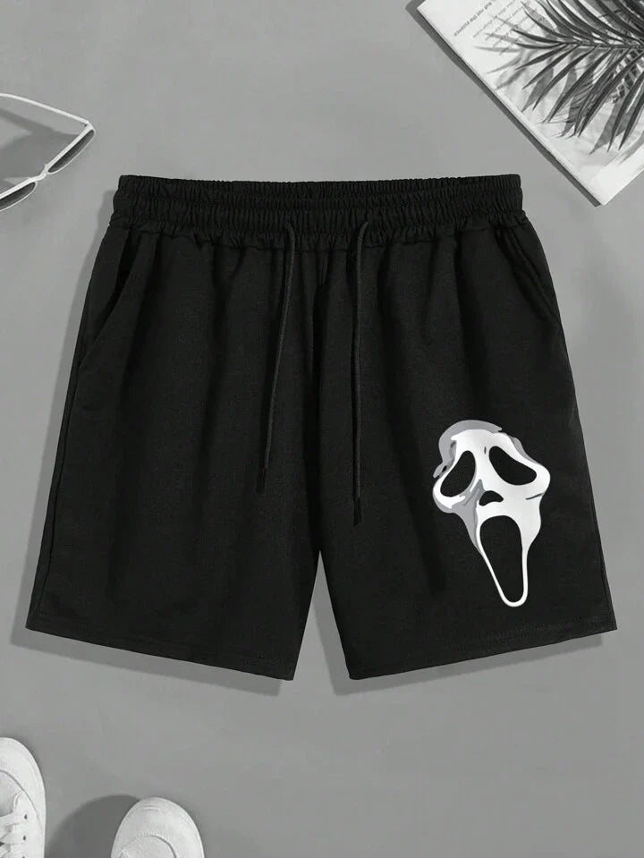 Homme Men Skull Print Drawstring Waist Shorts